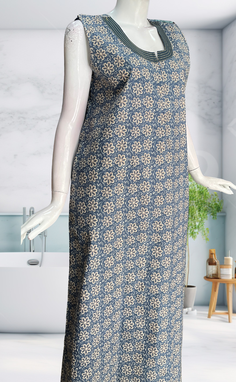 Light Blue Flora Sleeveless Pure Cotton Nighty. Pure Durable Cotton | Laces and Frills