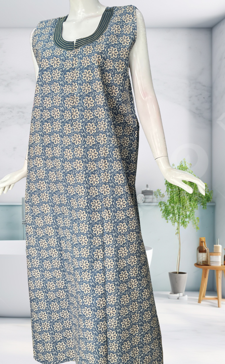 Light Blue Flora Sleeveless Pure Cotton Nighty. Pure Durable Cotton | Laces and Frills