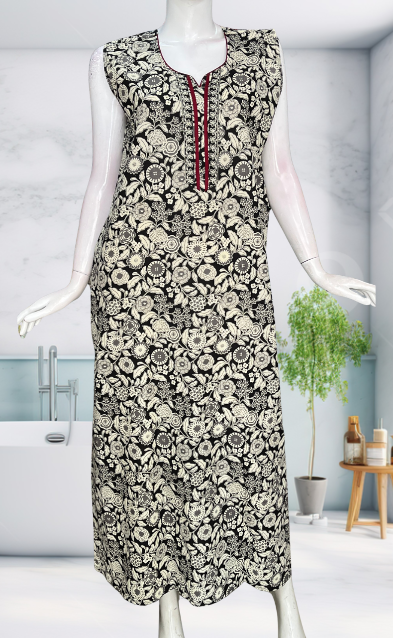 Black Garden Sleeveless Pure Cotton Nighty. Pure Durable Cotton | Laces and Frills