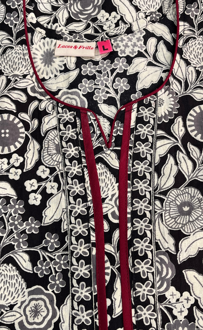 Black Garden Sleeveless Pure Cotton Nighty. Pure Durable Cotton | Laces and Frills
