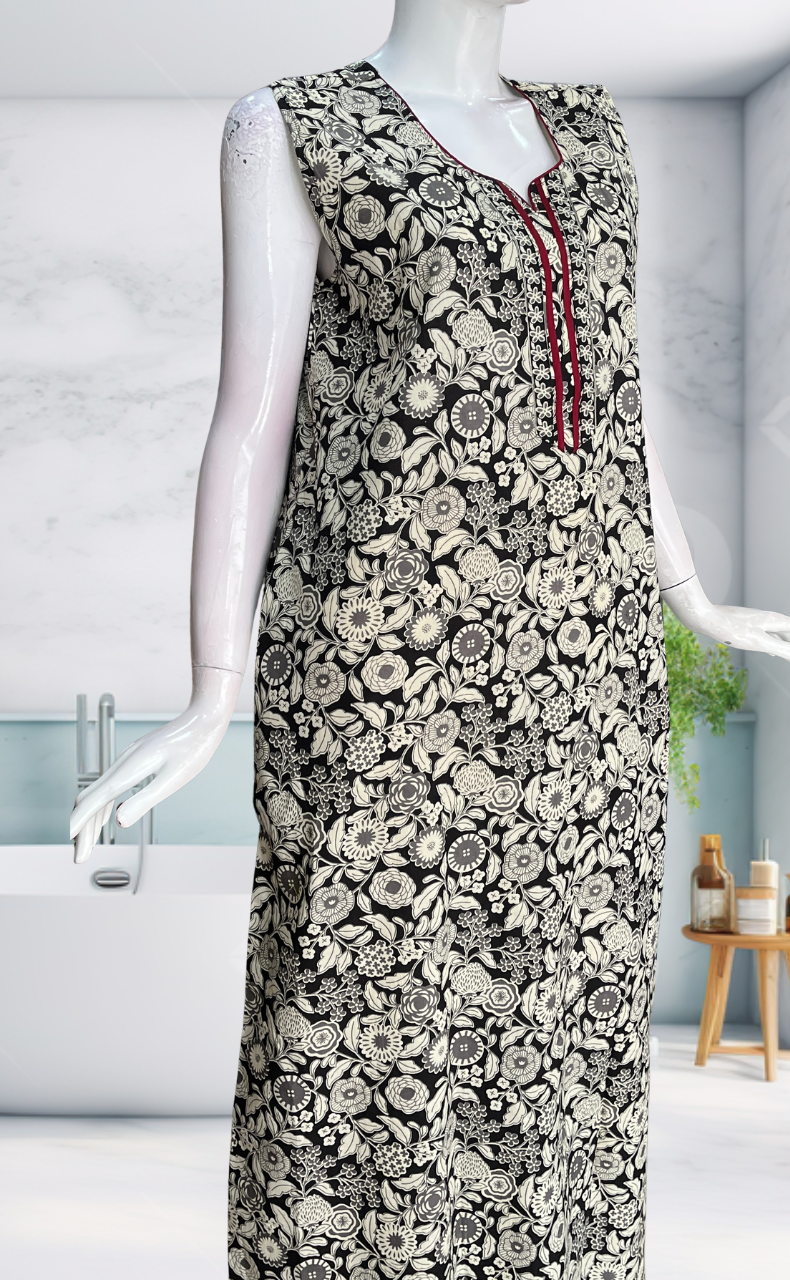 Black Garden Sleeveless Pure Cotton Nighty. Pure Durable Cotton | Laces and Frills