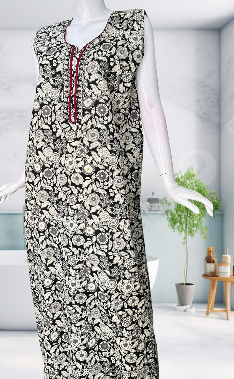 Black Garden Sleeveless Pure Cotton Nighty. Pure Durable Cotton | Laces and Frills
