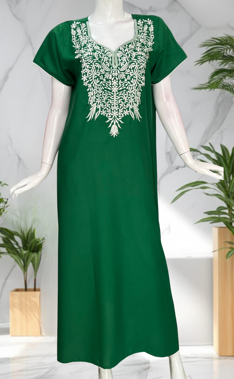 Green Embroidery Soft Cotton Nighty. Soft Breathable Fabric | Laces and Frills