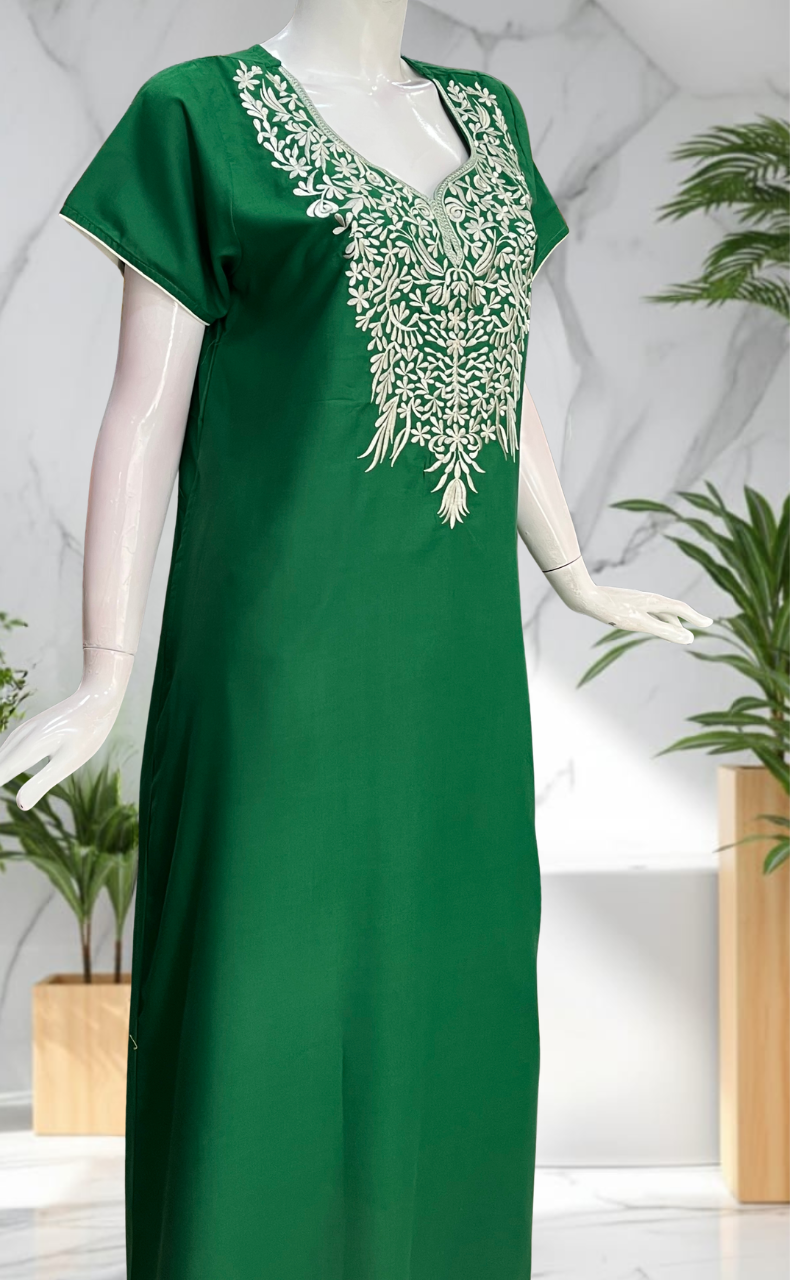 Green Embroidery Soft Cotton Nighty. Soft Breathable Fabric | Laces and Frills
