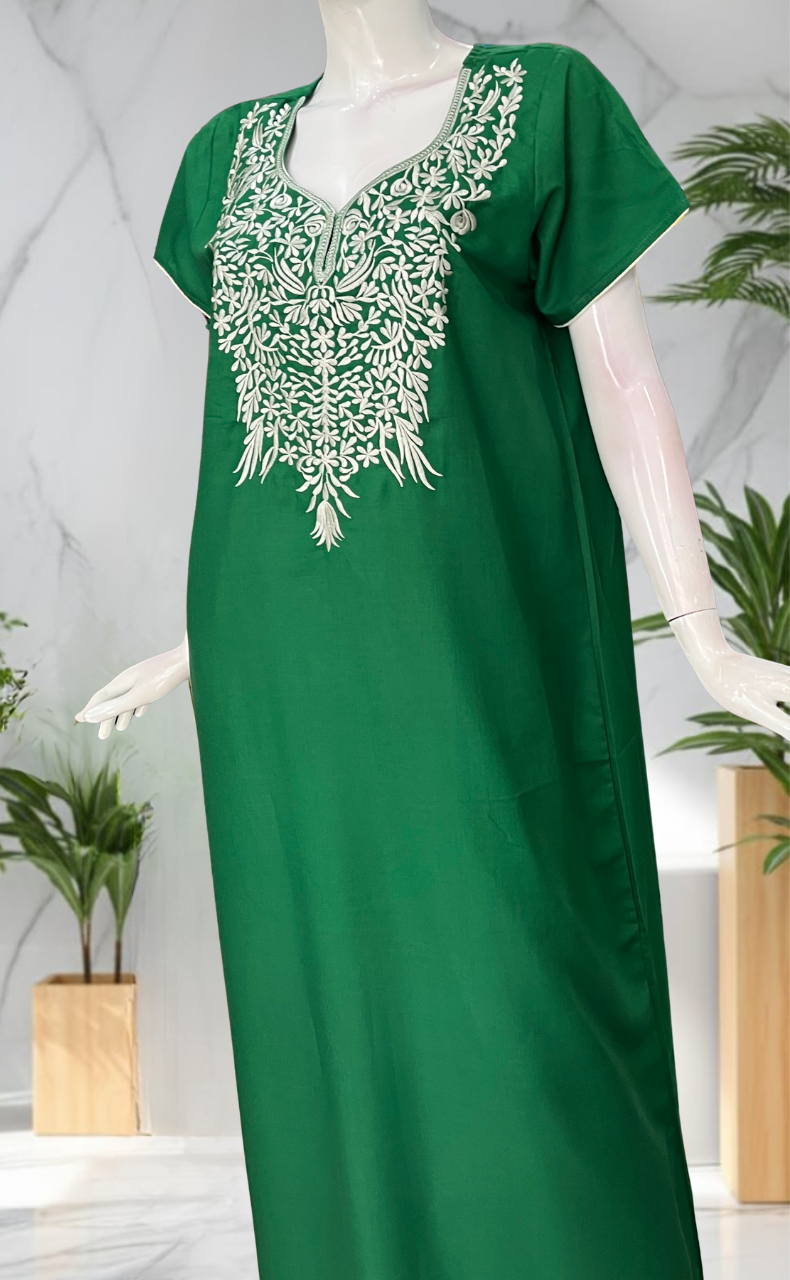 Green Embroidery Soft Cotton Nighty. Soft Breathable Fabric | Laces and Frills