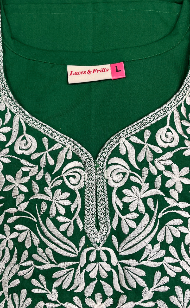 Green Embroidery Soft Cotton Nighty. Soft Breathable Fabric | Laces and Frills