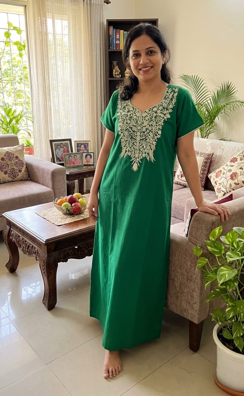 Green Embroidery Soft Cotton Nighty. Soft Breathable Fabric | Laces and Frills