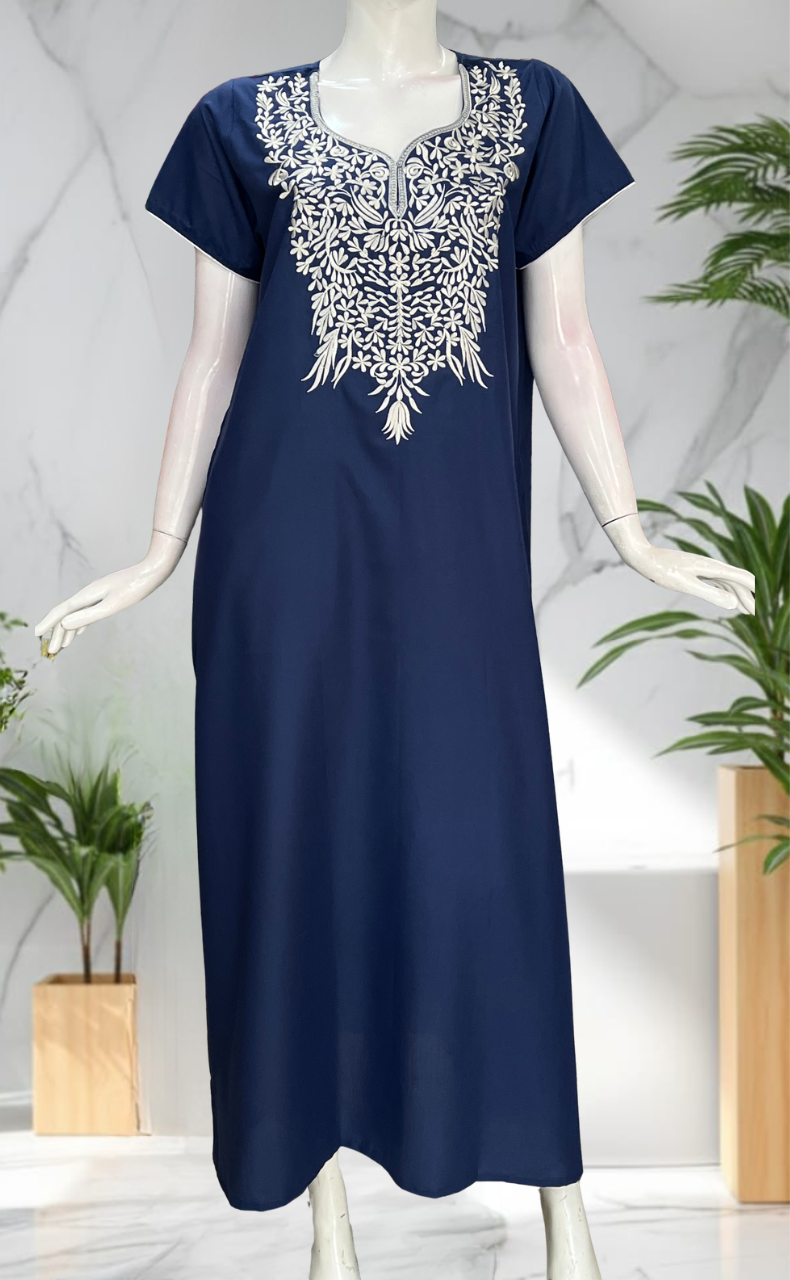 Indigo Blue Embroidery Soft Cotton Nighty. Soft Breathable Fabric | Laces and Frills