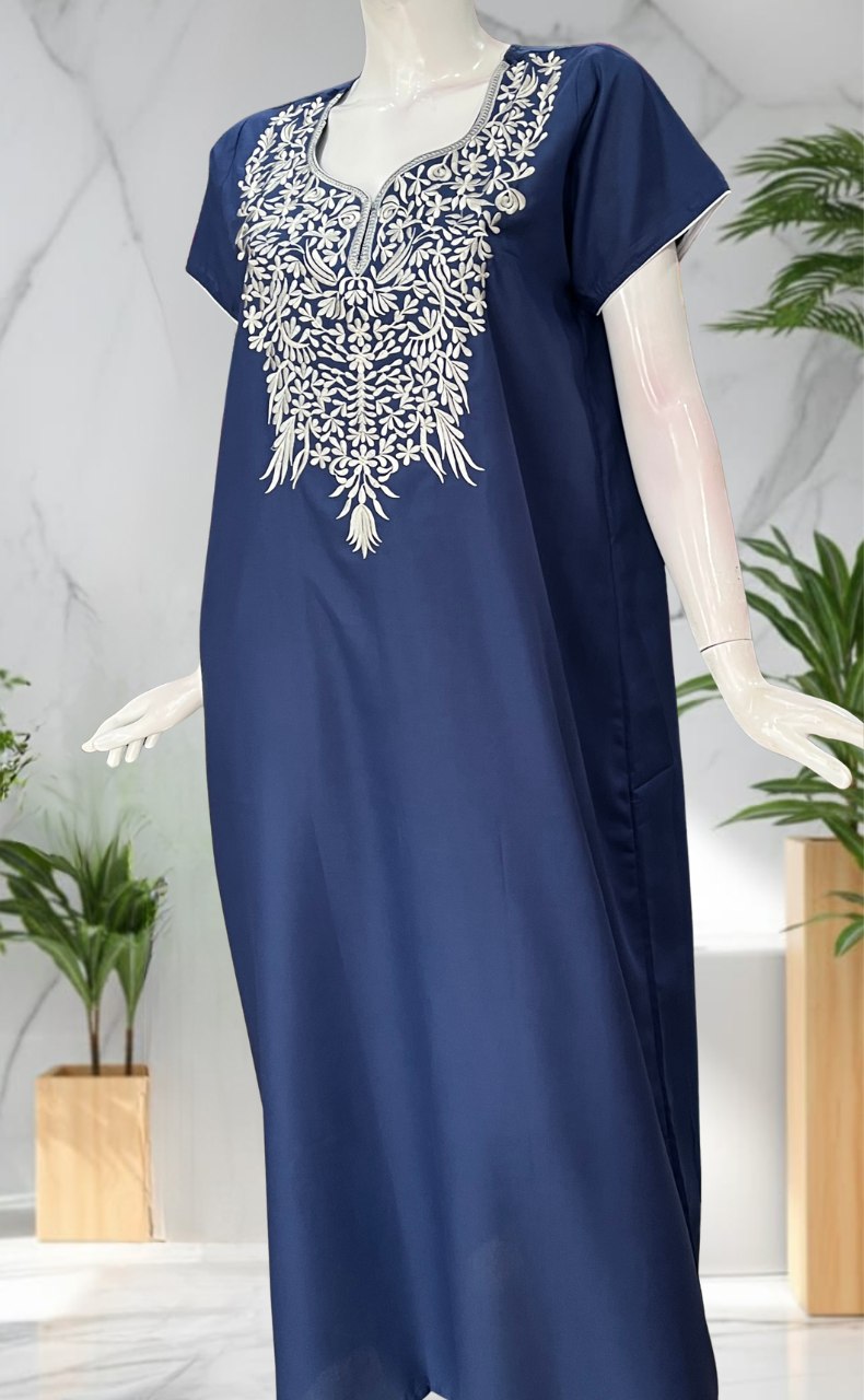 Indigo Blue Embroidery Soft Cotton Nighty. Soft Breathable Fabric | Laces and Frills
