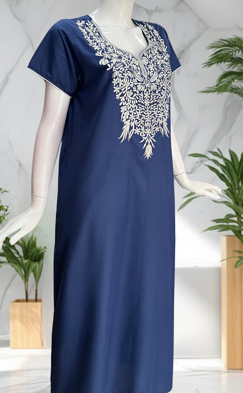 Indigo Blue Embroidery Soft Cotton Nighty. Soft Breathable Fabric | Laces and Frills