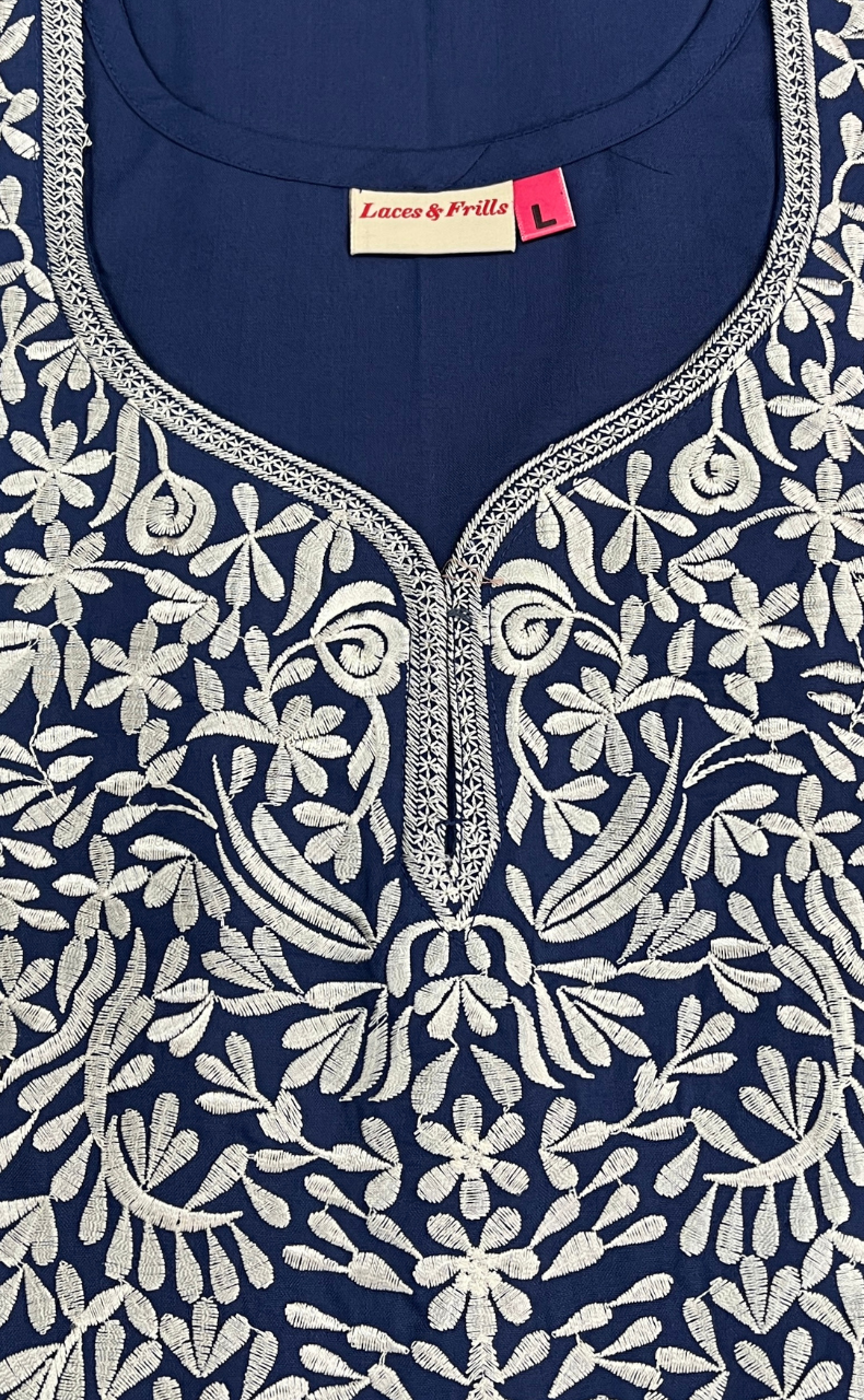 Indigo Blue Embroidery Soft Cotton Nighty. Soft Breathable Fabric | Laces and Frills