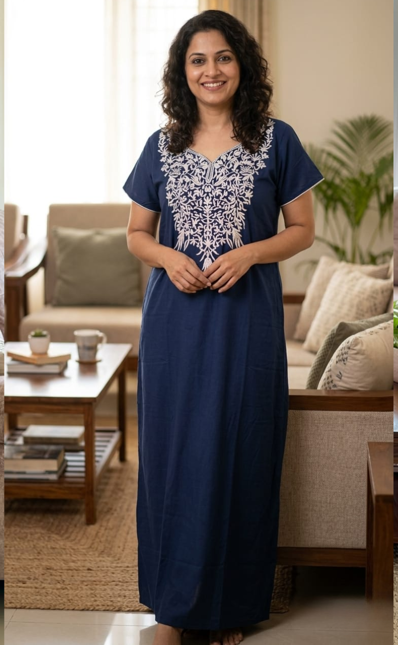 Indigo Blue Embroidery Soft Cotton Nighty. Soft Breathable Fabric | Laces and Frills
