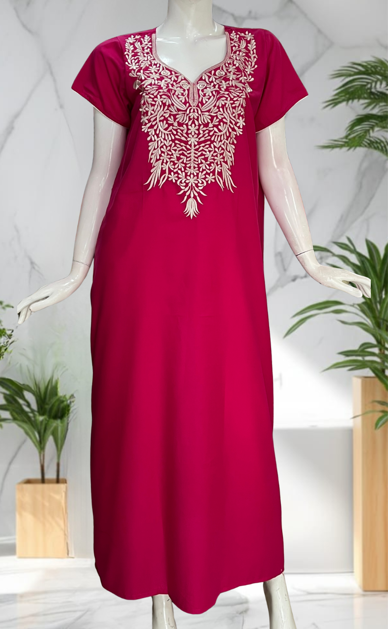 Pink Embroidery Soft Cotton Nighty. Soft Breathable Fabric | Laces and Frills