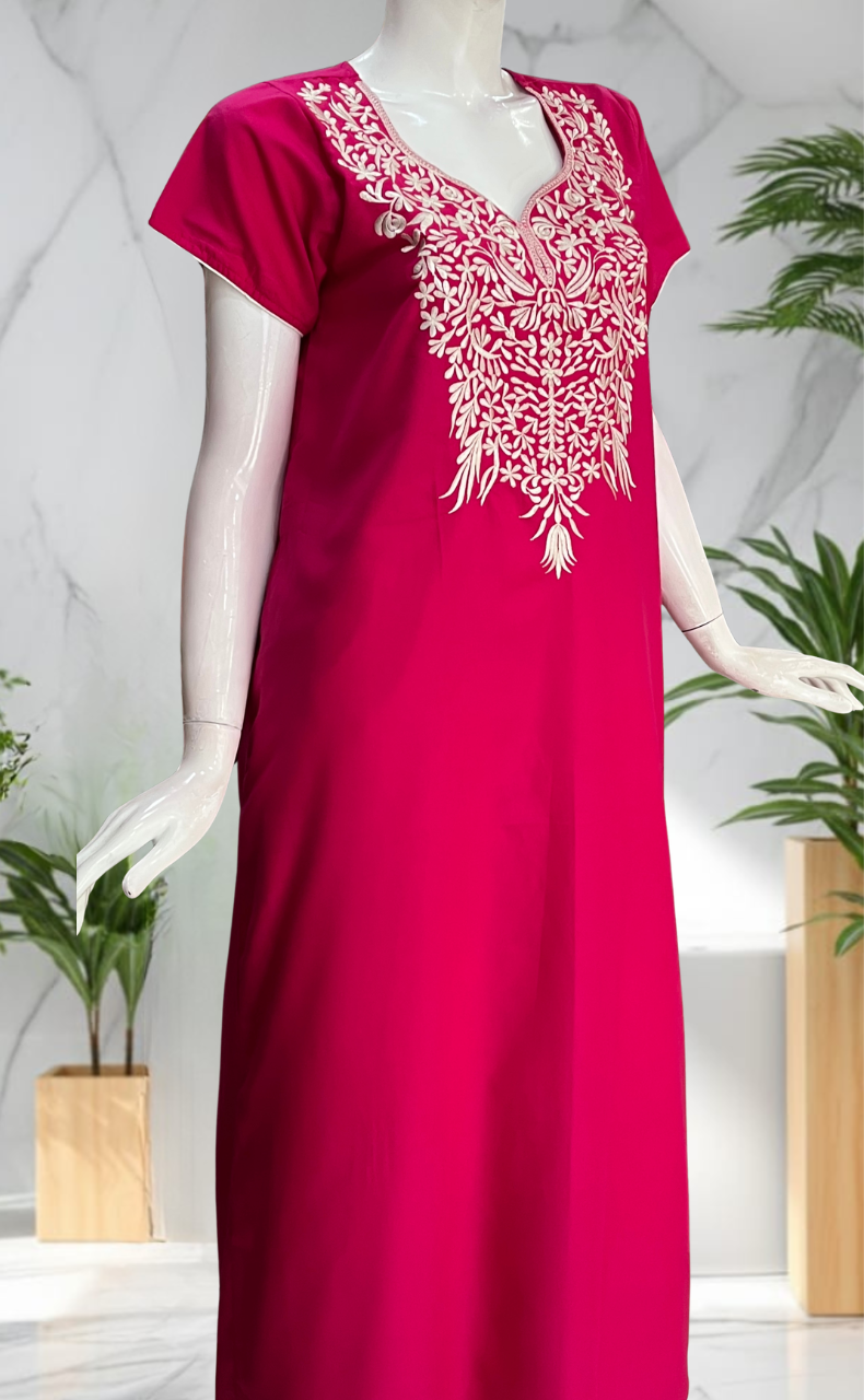 Pink Embroidery Soft Cotton Nighty. Soft Breathable Fabric | Laces and Frills