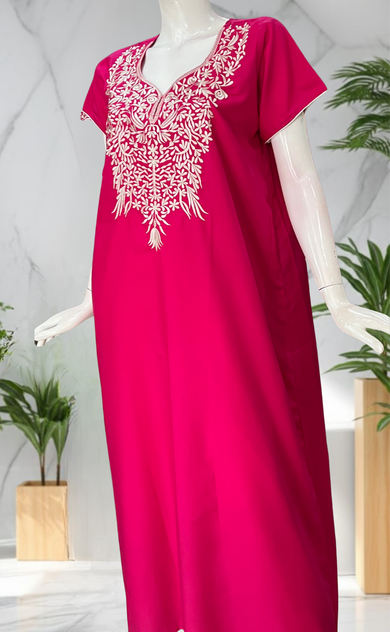 Pink Embroidery Soft Cotton Nighty. Soft Breathable Fabric | Laces and Frills