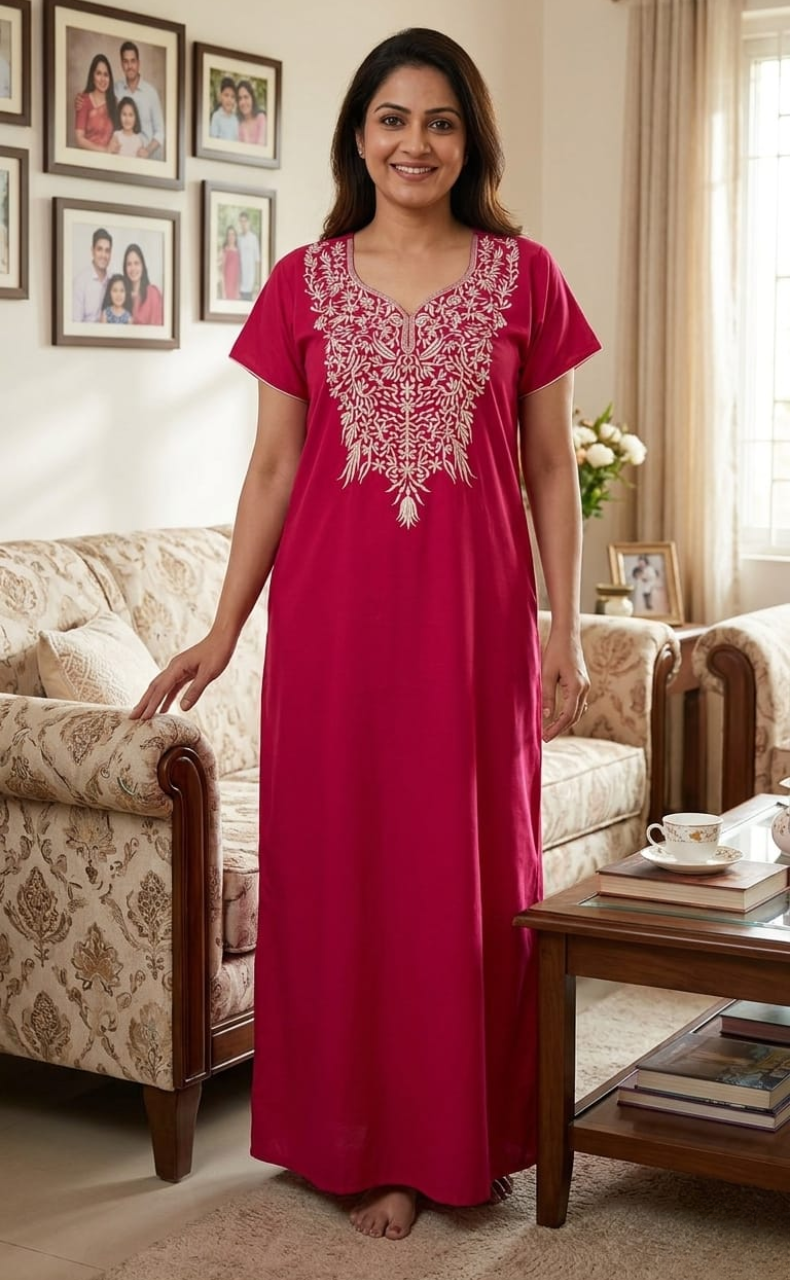 Pink Embroidery Soft Cotton Nighty. Soft Breathable Fabric | Laces and Frills