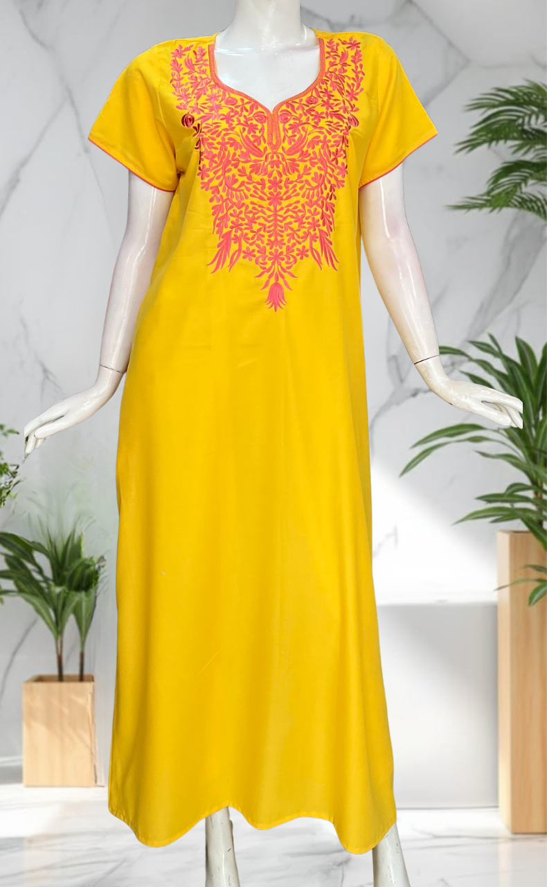 Yellow Embroidery Soft Cotton Nighty. Soft Breathable Fabric | Laces and Frills