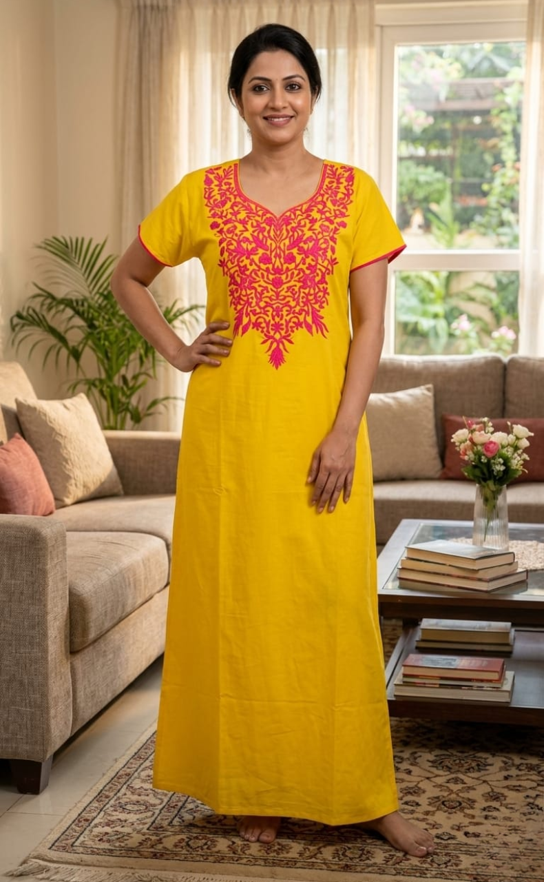 Yellow Embroidery Soft Cotton Nighty. Soft Breathable Fabric | Laces and Frills