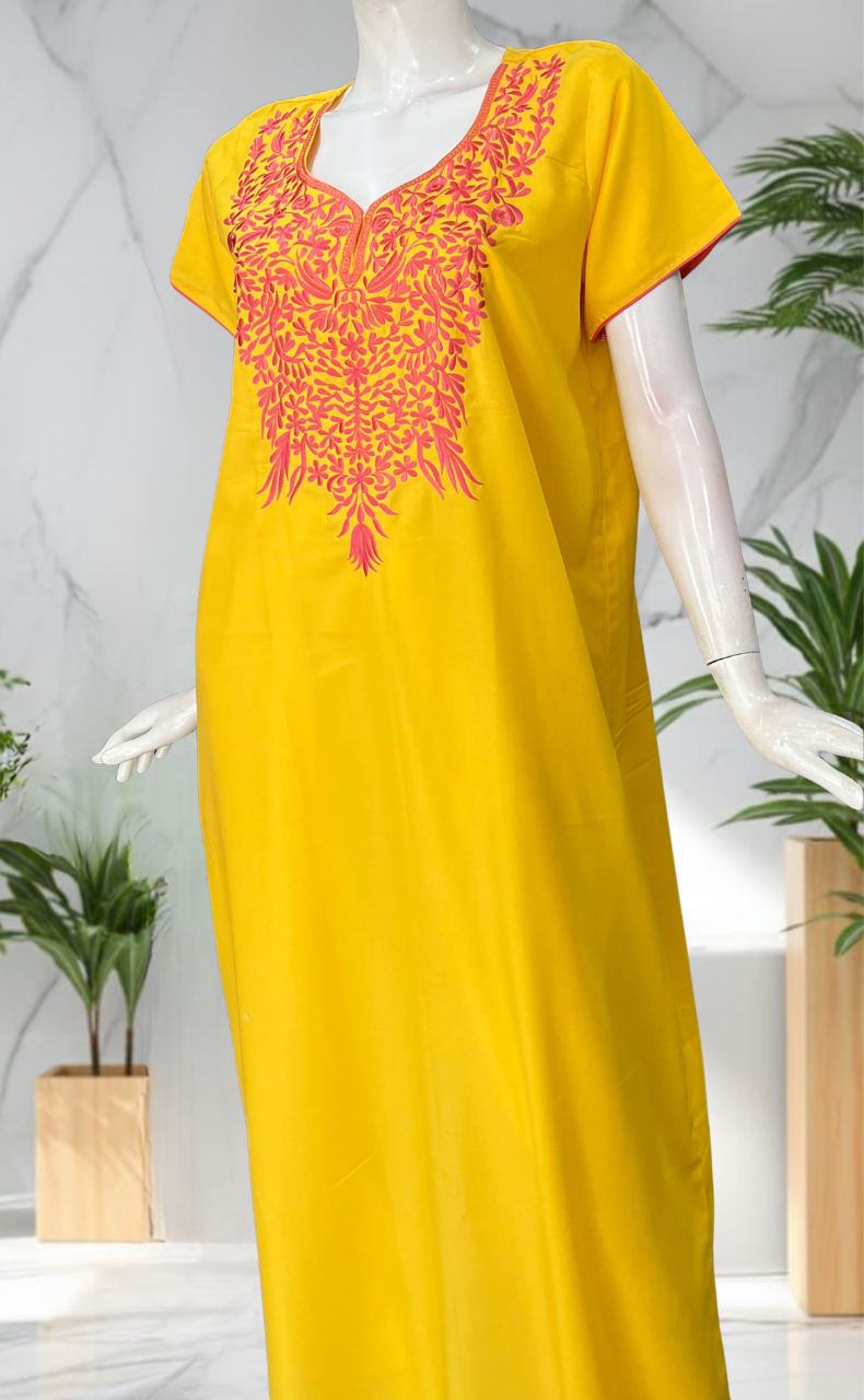 Yellow Embroidery Soft Cotton Nighty. Soft Breathable Fabric | Laces and Frills