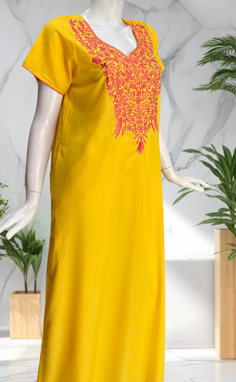 Yellow Embroidery Soft Cotton Nighty. Soft Breathable Fabric | Laces and Frills