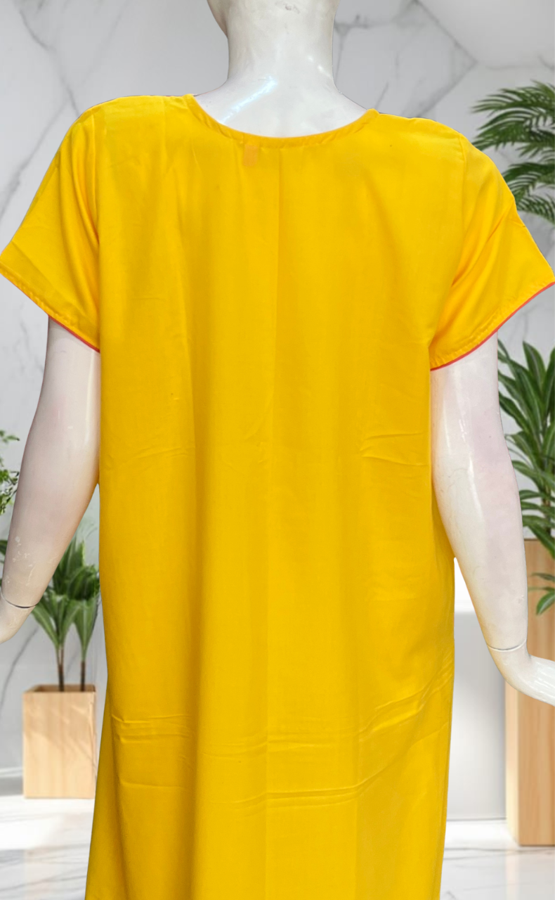 Yellow Embroidery Soft Cotton Nighty. Soft Breathable Fabric | Laces and Frills