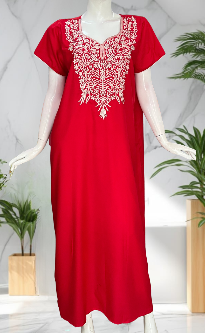 Red Embroidery Soft Cotton Nighty. Soft Breathable Fabric | Laces and Frills