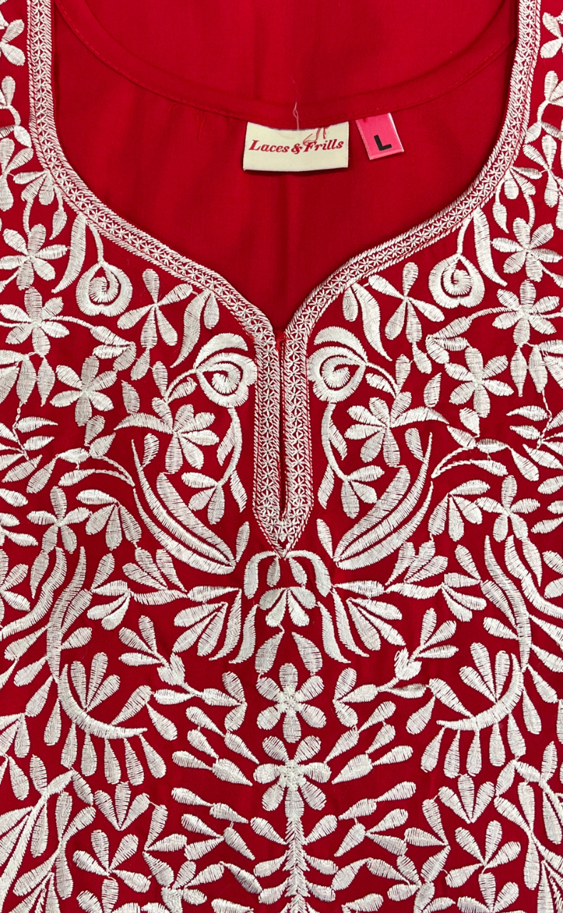 Red Embroidery Soft Cotton Nighty. Soft Breathable Fabric | Laces and Frills