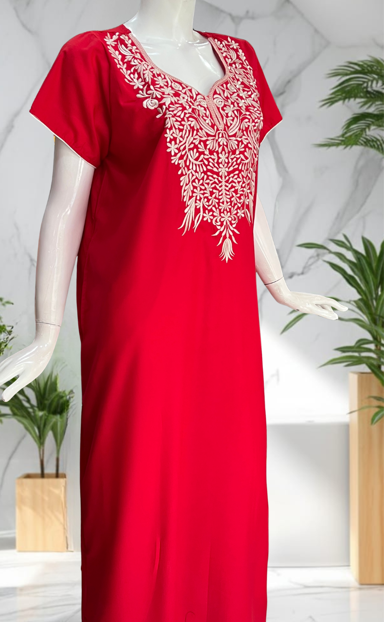 Red Embroidery Soft Cotton Nighty. Soft Breathable Fabric | Laces and Frills