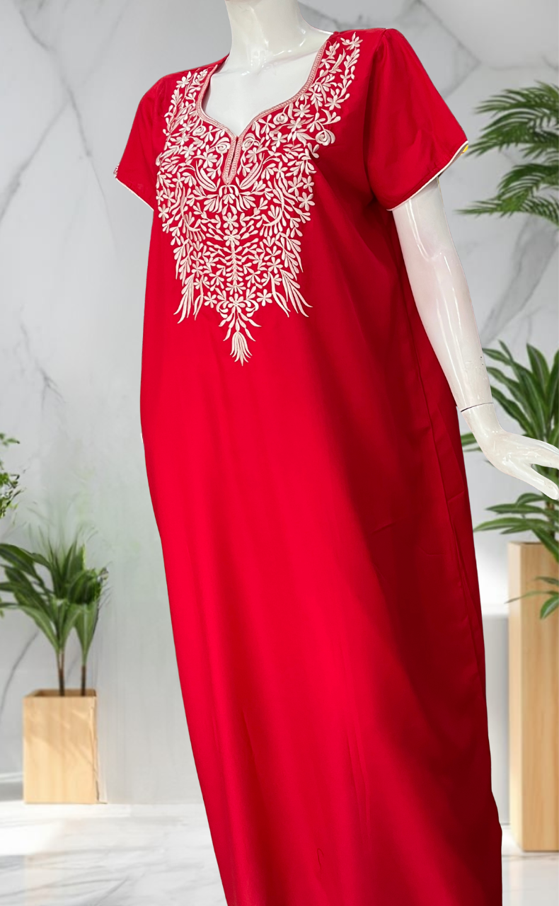 Red Embroidery Soft Cotton Nighty. Soft Breathable Fabric | Laces and Frills