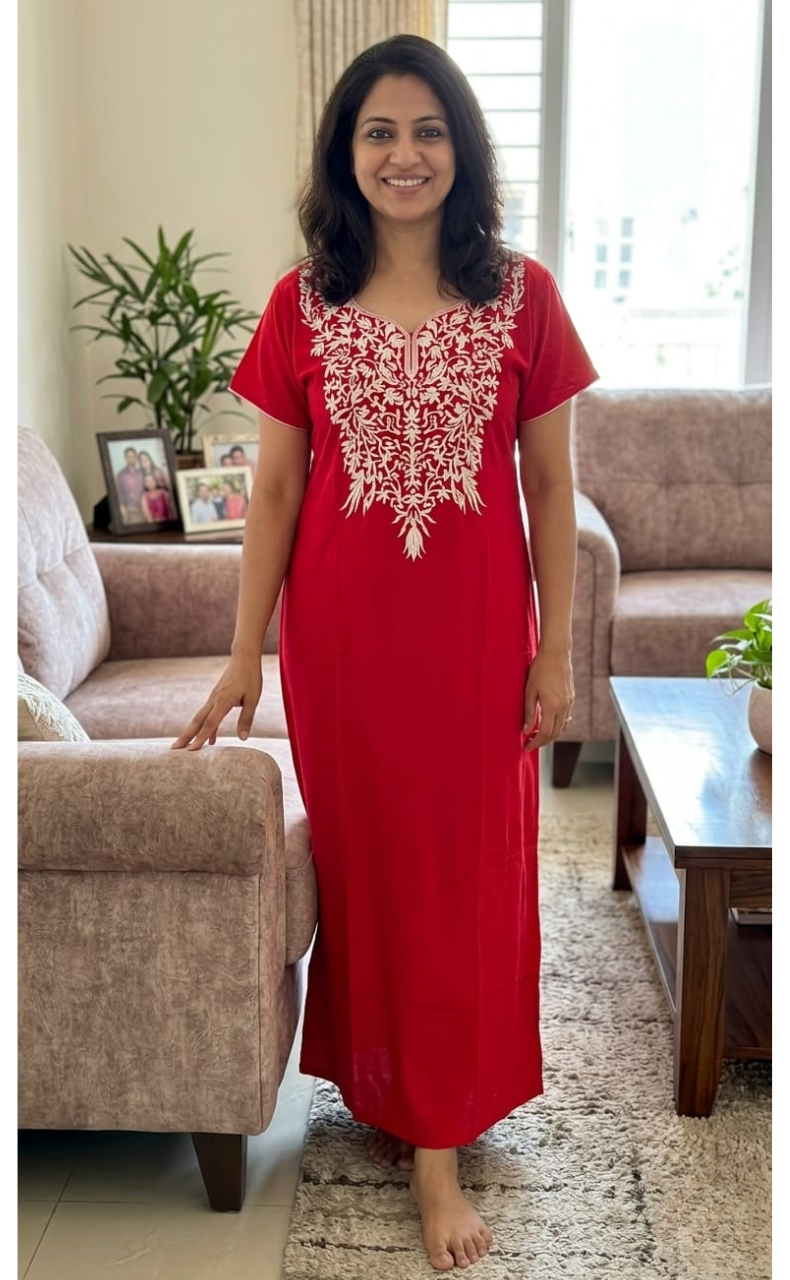 Red Embroidery Soft Cotton Nighty. Soft Breathable Fabric | Laces and Frills