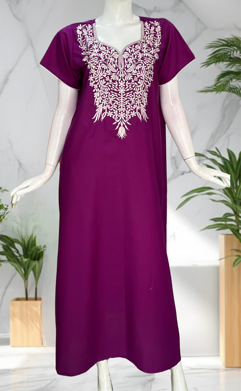 Violet Embroidery Soft Cotton Nighty. Soft Breathable Fabric | Laces and Frills