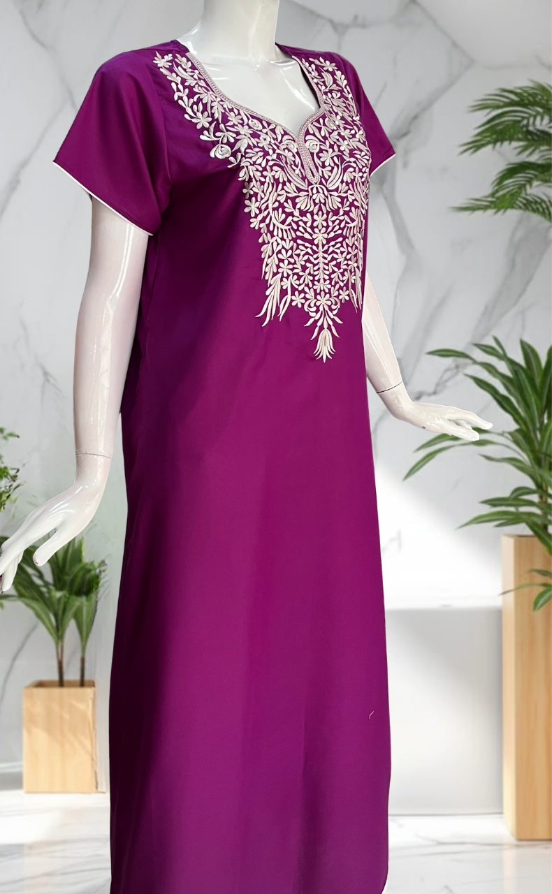 Violet Embroidery Soft Cotton Nighty. Soft Breathable Fabric | Laces and Frills