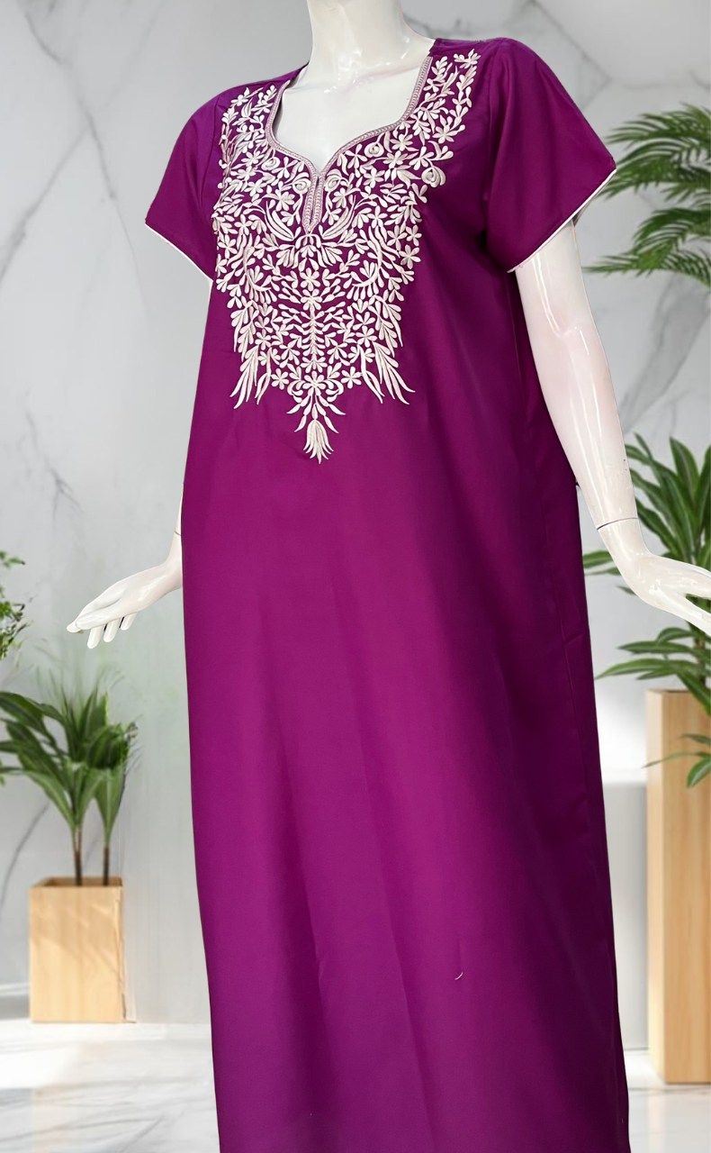 Violet Embroidery Soft Cotton Nighty. Soft Breathable Fabric | Laces and Frills