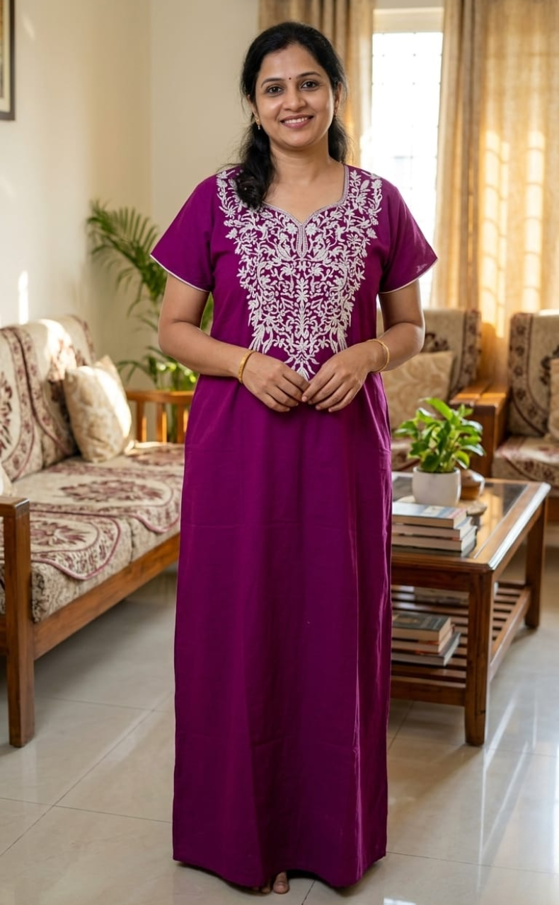 Violet Embroidery Soft Cotton Nighty. Soft Breathable Fabric | Laces and Frills