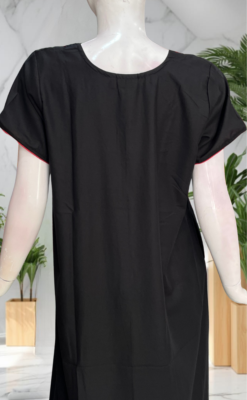 Black Embroidery Soft Cotton Nighty. Soft Breathable Fabric | Laces and Frills