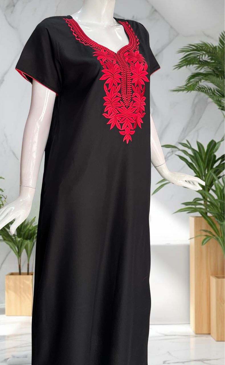 Black Embroidery Soft Cotton Nighty. Soft Breathable Fabric | Laces and Frills