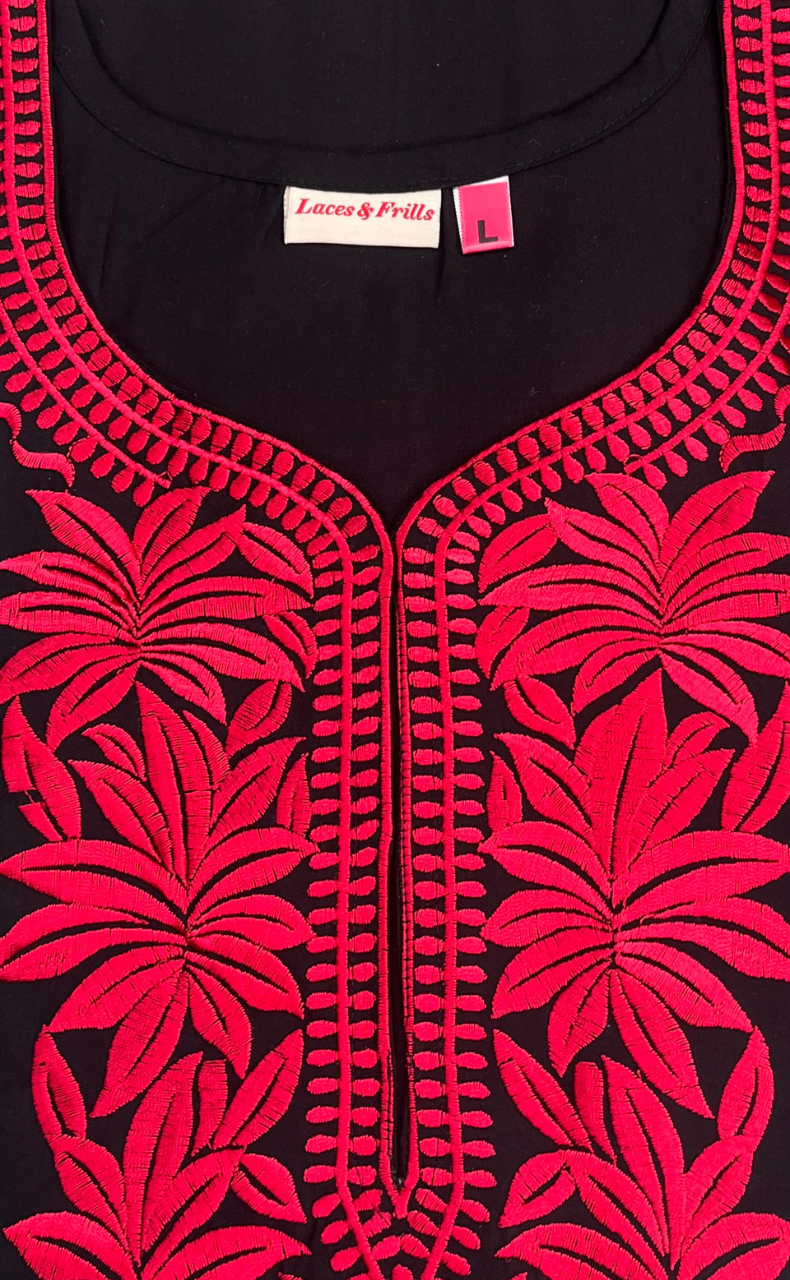 Black Embroidery Soft Cotton Nighty. Soft Breathable Fabric | Laces and Frills