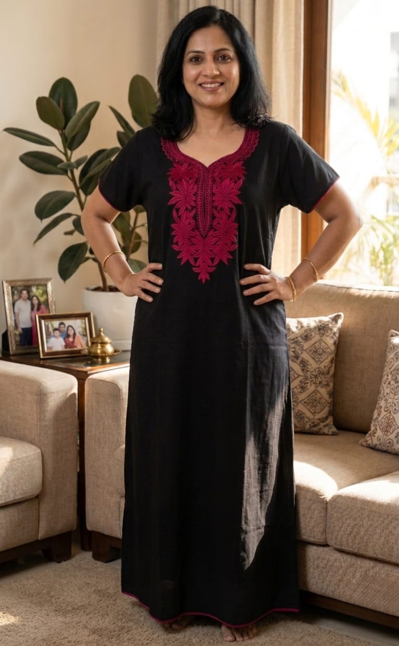 Black Embroidery Soft Cotton Nighty. Soft Breathable Fabric | Laces and Frills