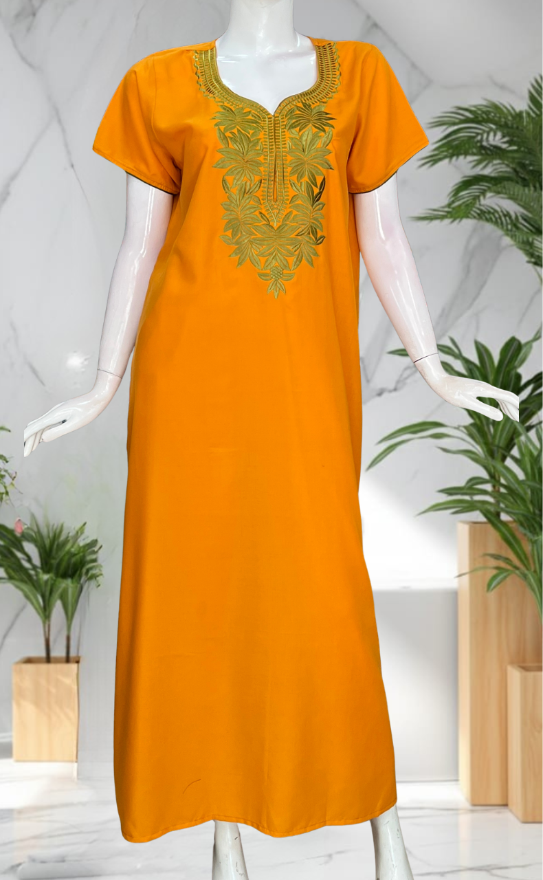 Yellow Embroidery Soft Cotton Nighty. Soft Breathable Fabric | Laces and Frills