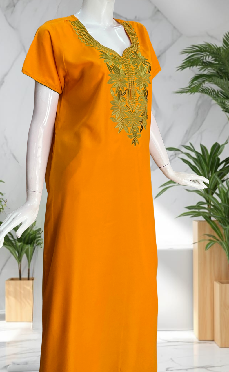 Yellow Embroidery Soft Cotton Nighty. Soft Breathable Fabric | Laces and Frills