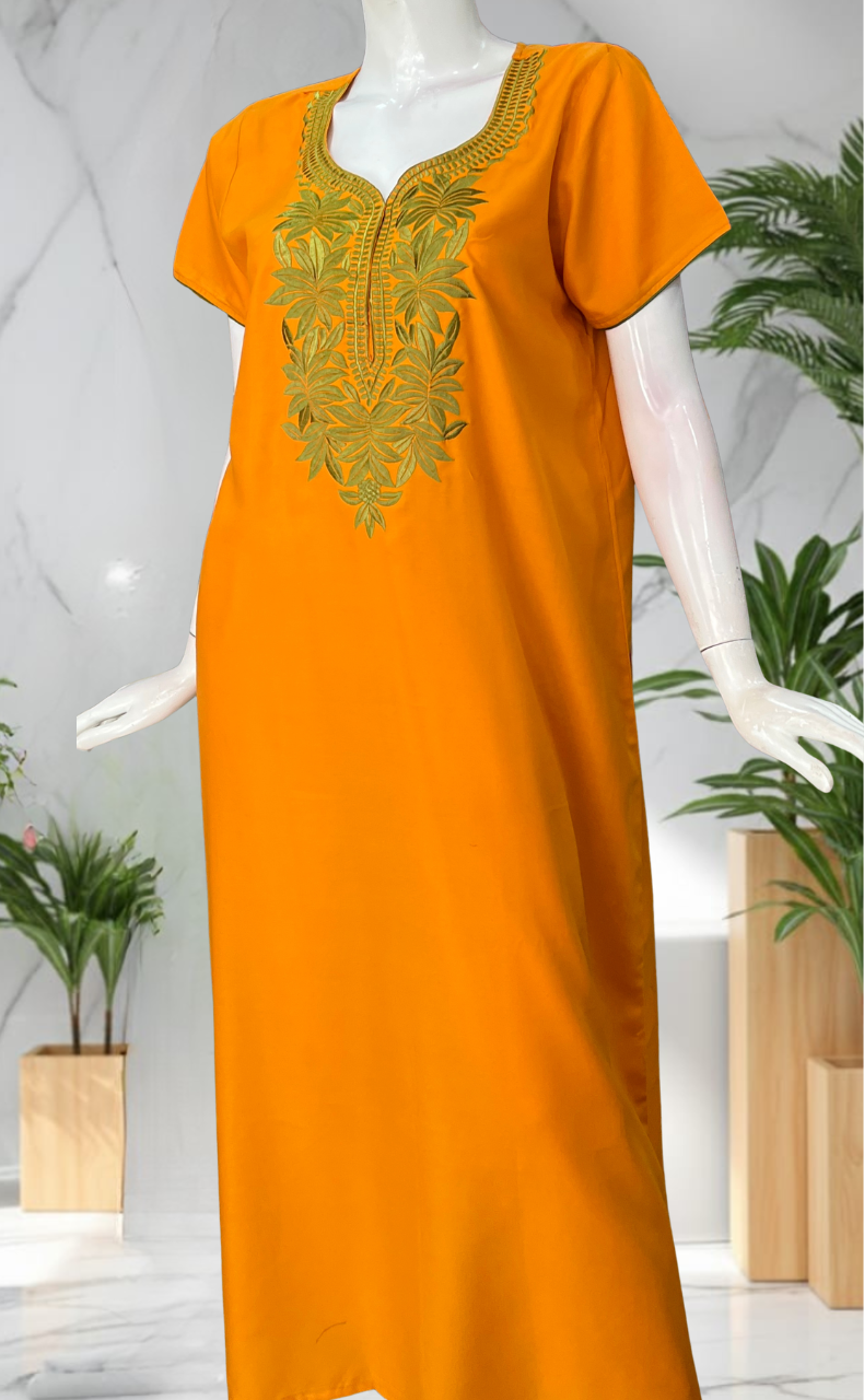 Yellow Embroidery Soft Cotton Nighty. Soft Breathable Fabric | Laces and Frills