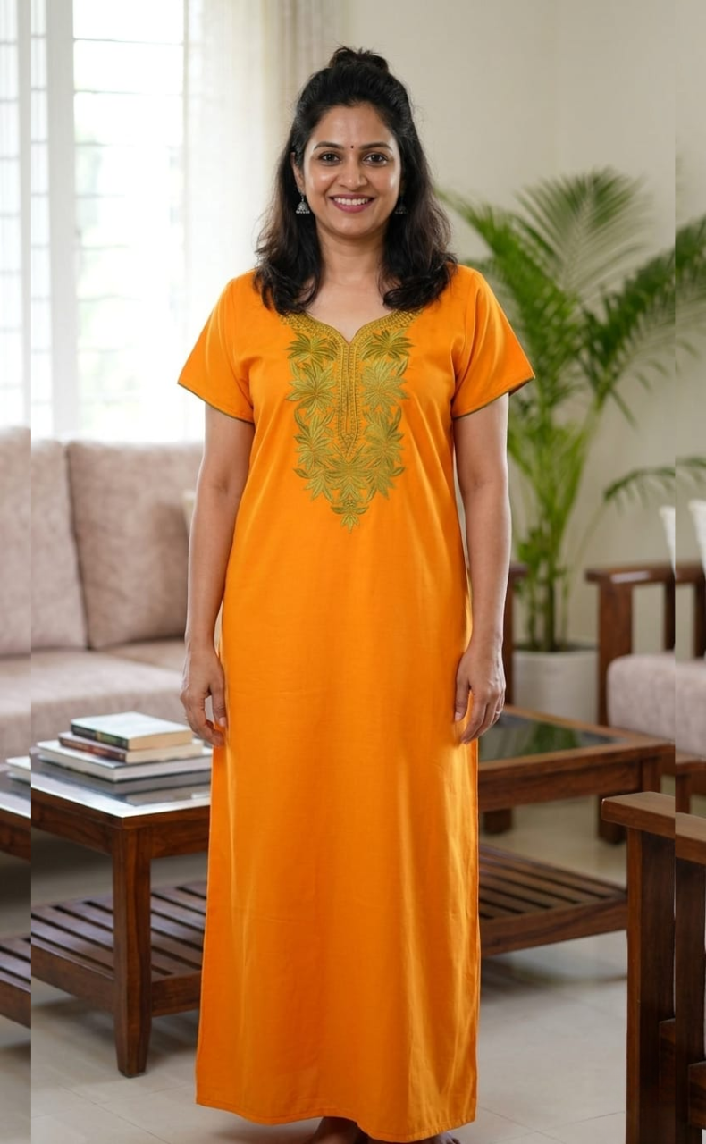 Yellow Embroidery Soft Cotton Nighty. Soft Breathable Fabric | Laces and Frills
