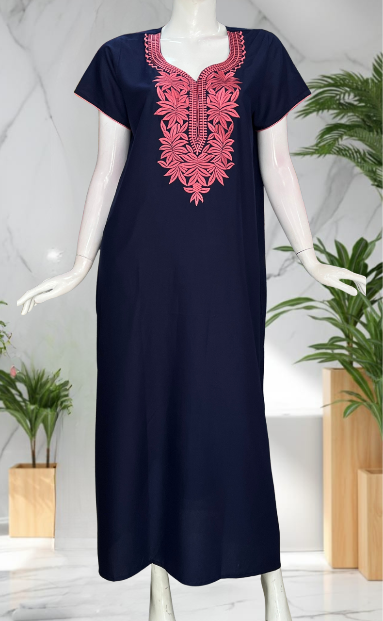 Navy Blue Embroidery Soft Cotton Nighty. Soft Breathable Fabric | Laces and Frills