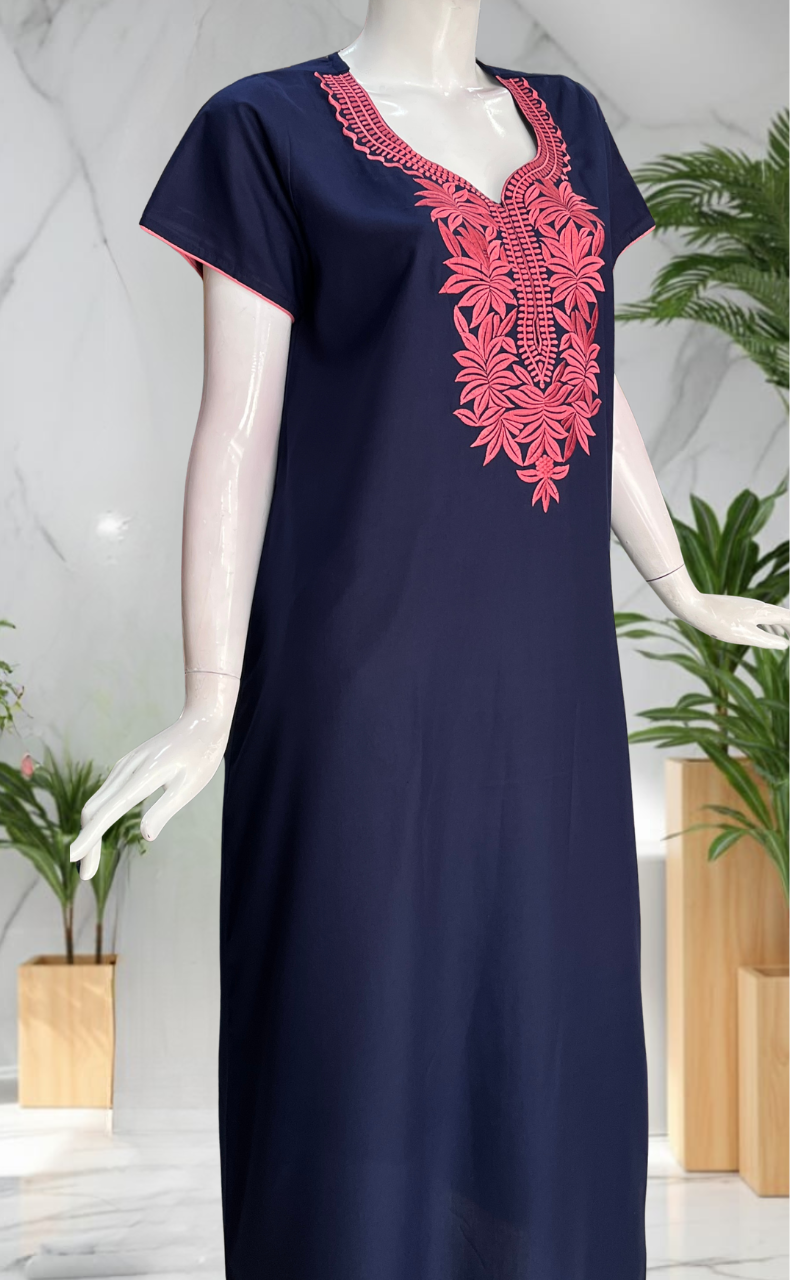 Navy Blue Embroidery Soft Cotton Nighty. Soft Breathable Fabric | Laces and Frills