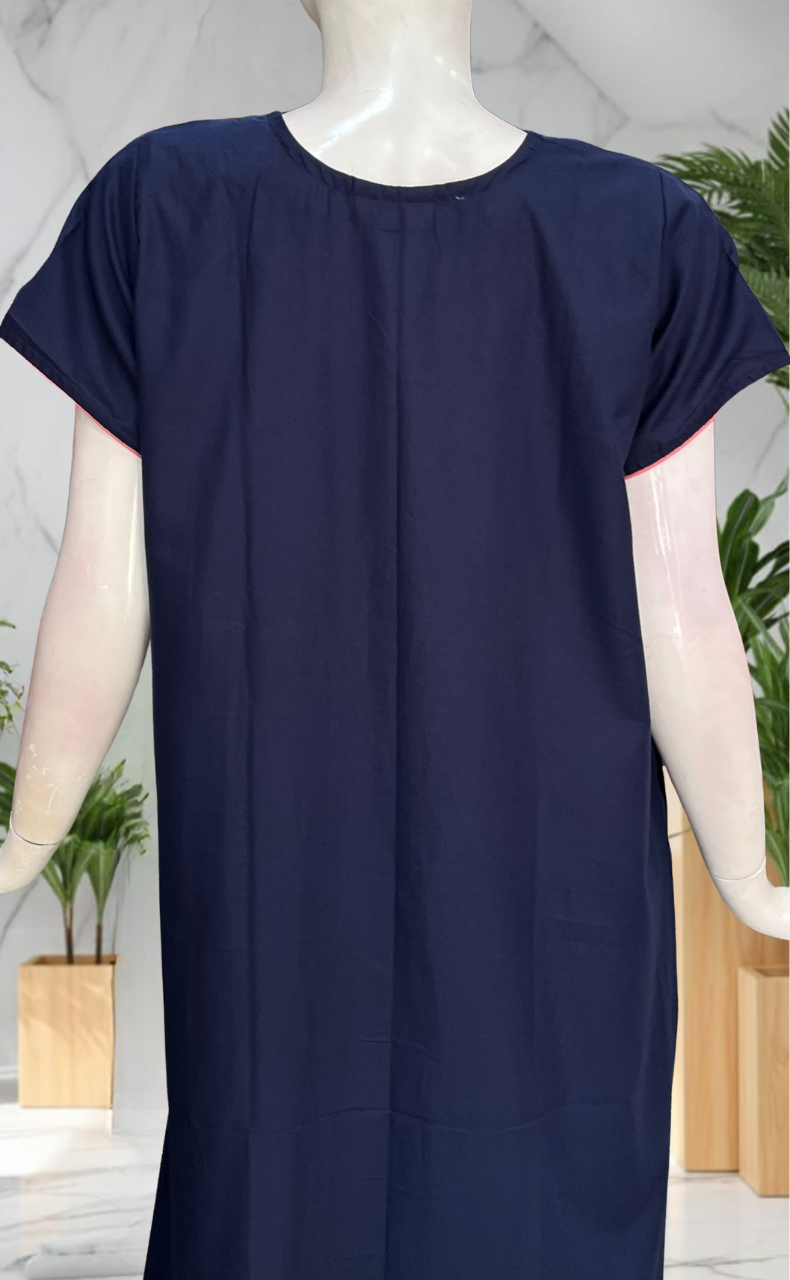Navy Blue Embroidery Soft Cotton Nighty. Soft Breathable Fabric | Laces and Frills