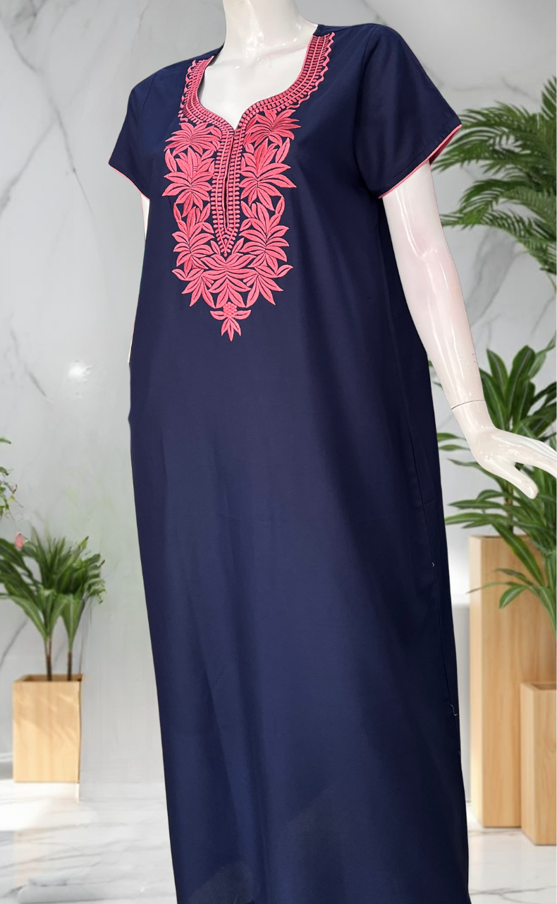 Navy Blue Embroidery Soft Cotton Nighty. Soft Breathable Fabric | Laces and Frills