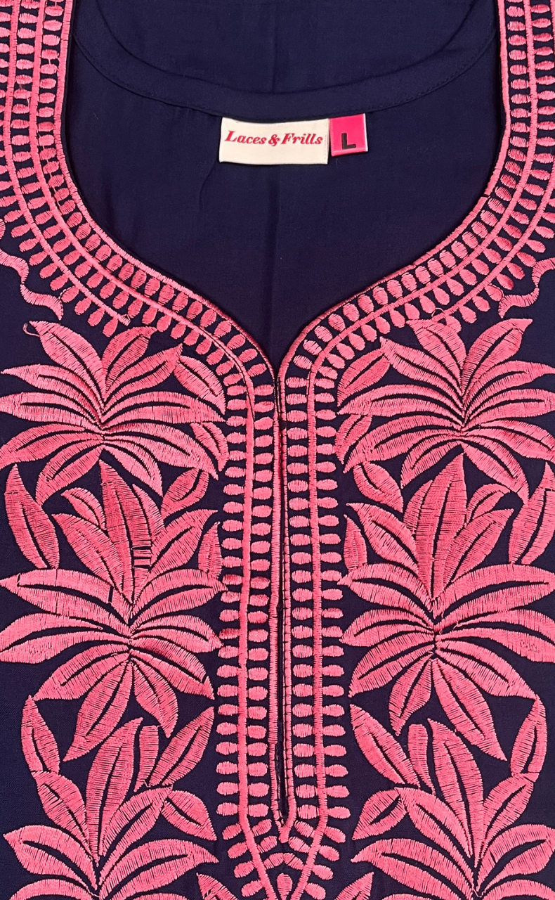Navy Blue Embroidery Soft Cotton Nighty. Soft Breathable Fabric | Laces and Frills