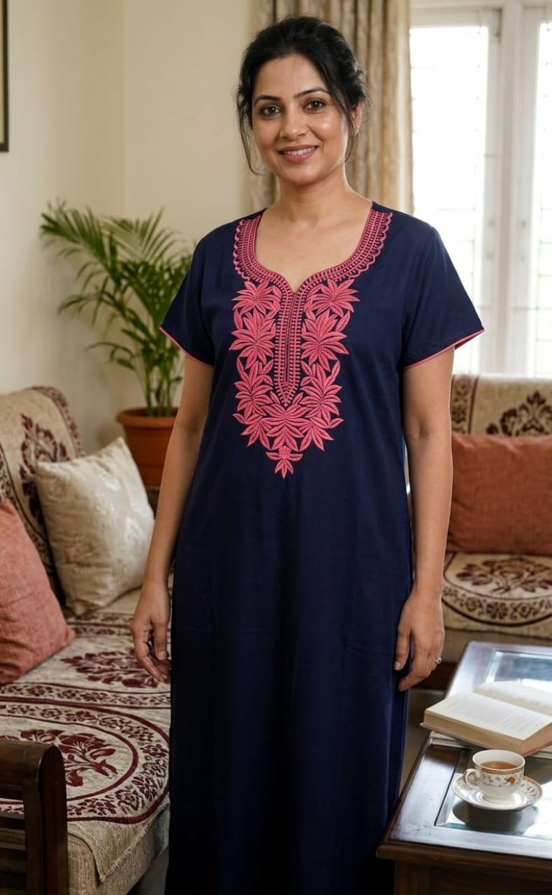 Navy Blue Embroidery Soft Cotton Nighty. Soft Breathable Fabric | Laces and Frills