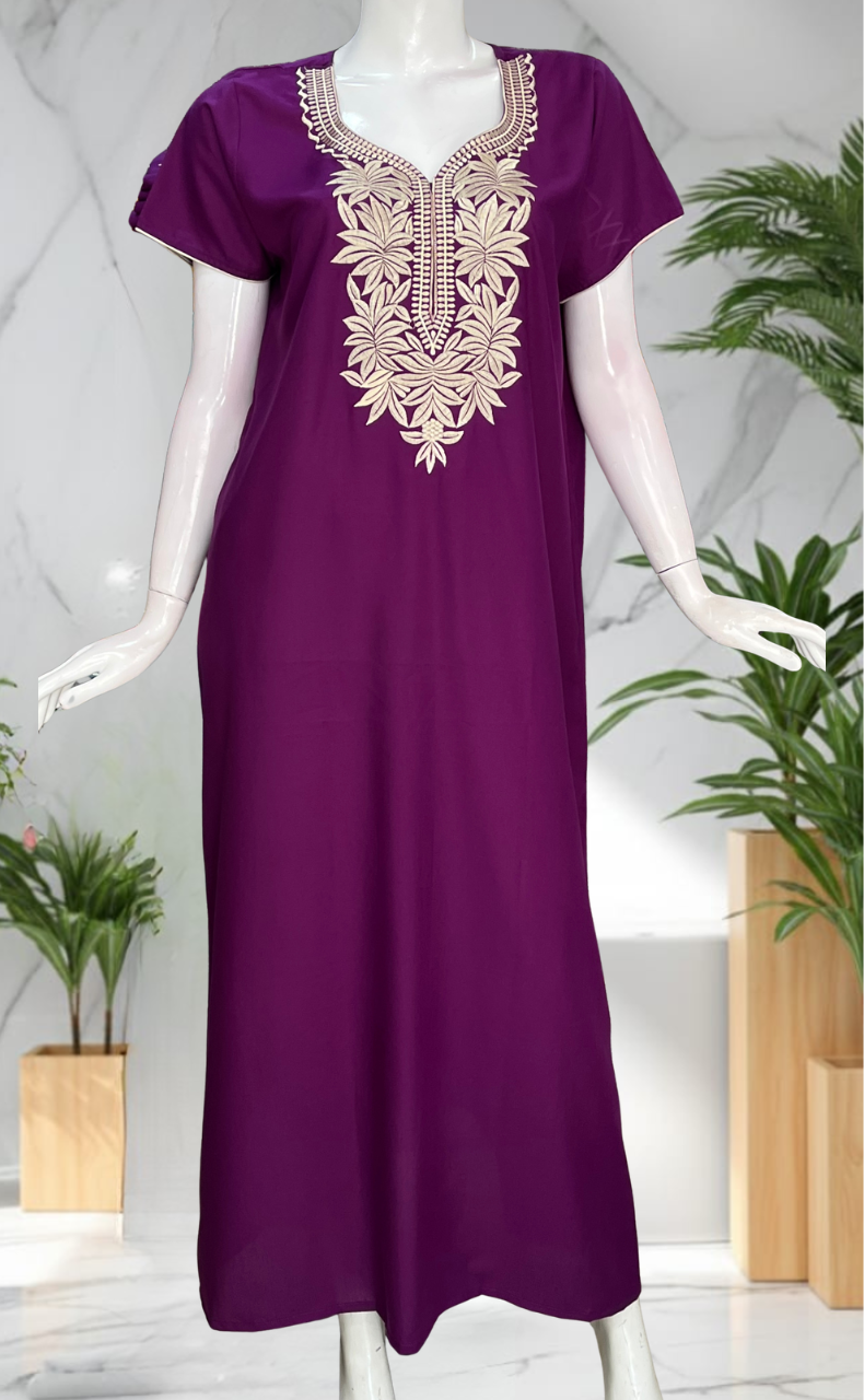 Violet Embroidery Soft Cotton Nighty. Soft Breathable Fabric | Laces and Frills