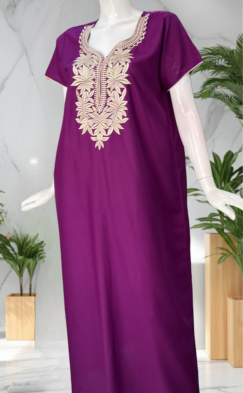 Violet Embroidery Soft Cotton Nighty. Soft Breathable Fabric | Laces and Frills
